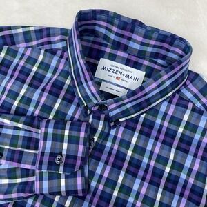 Mizzen Main Stretch Leeward Collection Shirt Mens XXL Blue Plaid Spandex USA